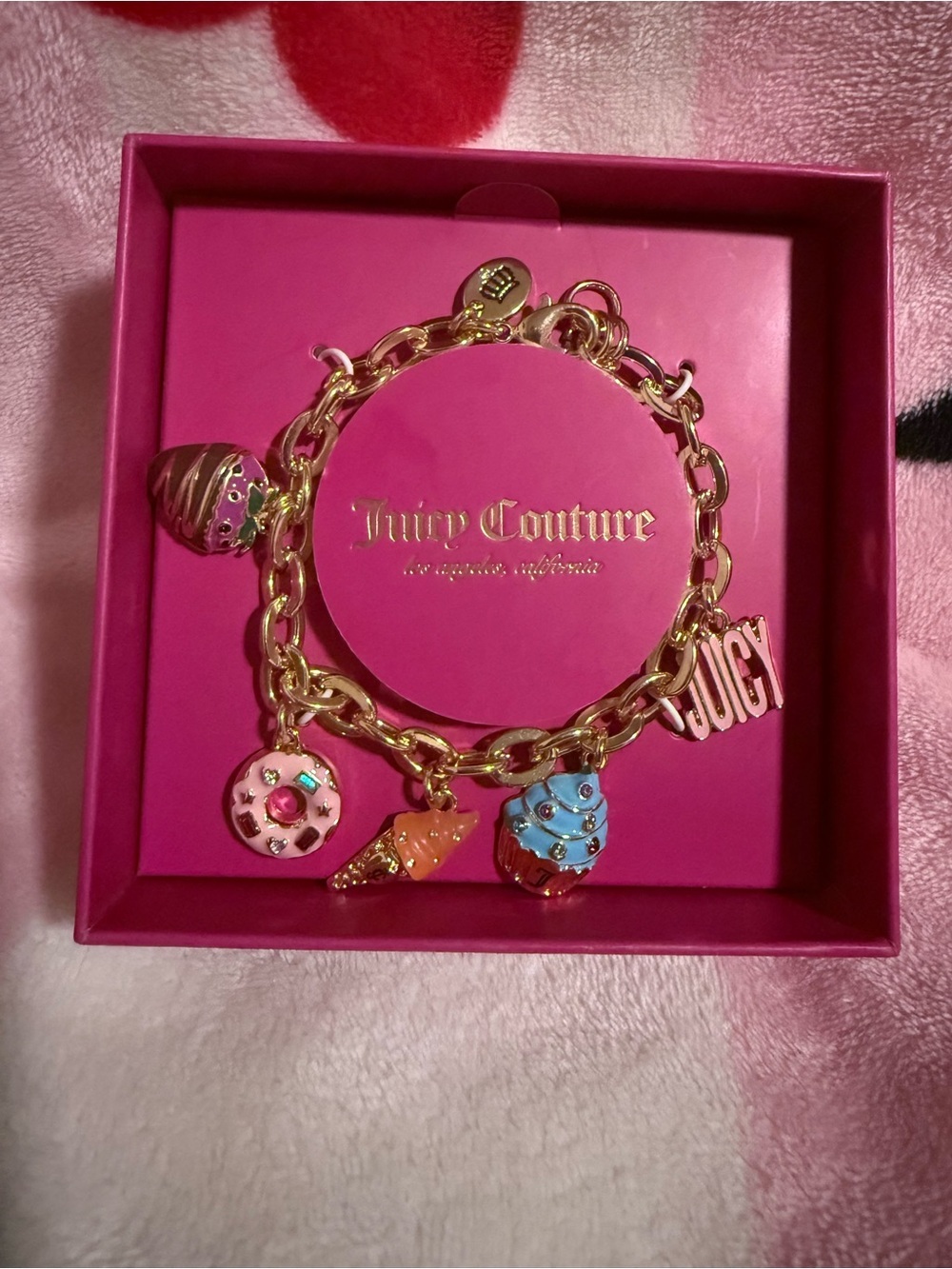 NWT Juicy Couture Gold Charm Bracelet with Pink and Blue Enamel Dessert Charms